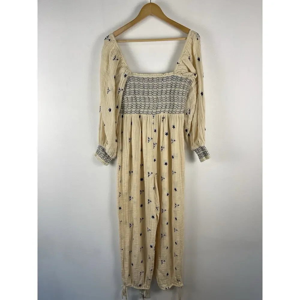 FREE PEOPLE Dahlia Embroidered Jumpsuit Women's Medium Washed Out Cream Gauze